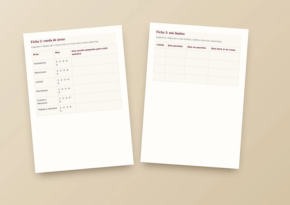 Mockup de dos fichas del ebook impresas sobre una mesa